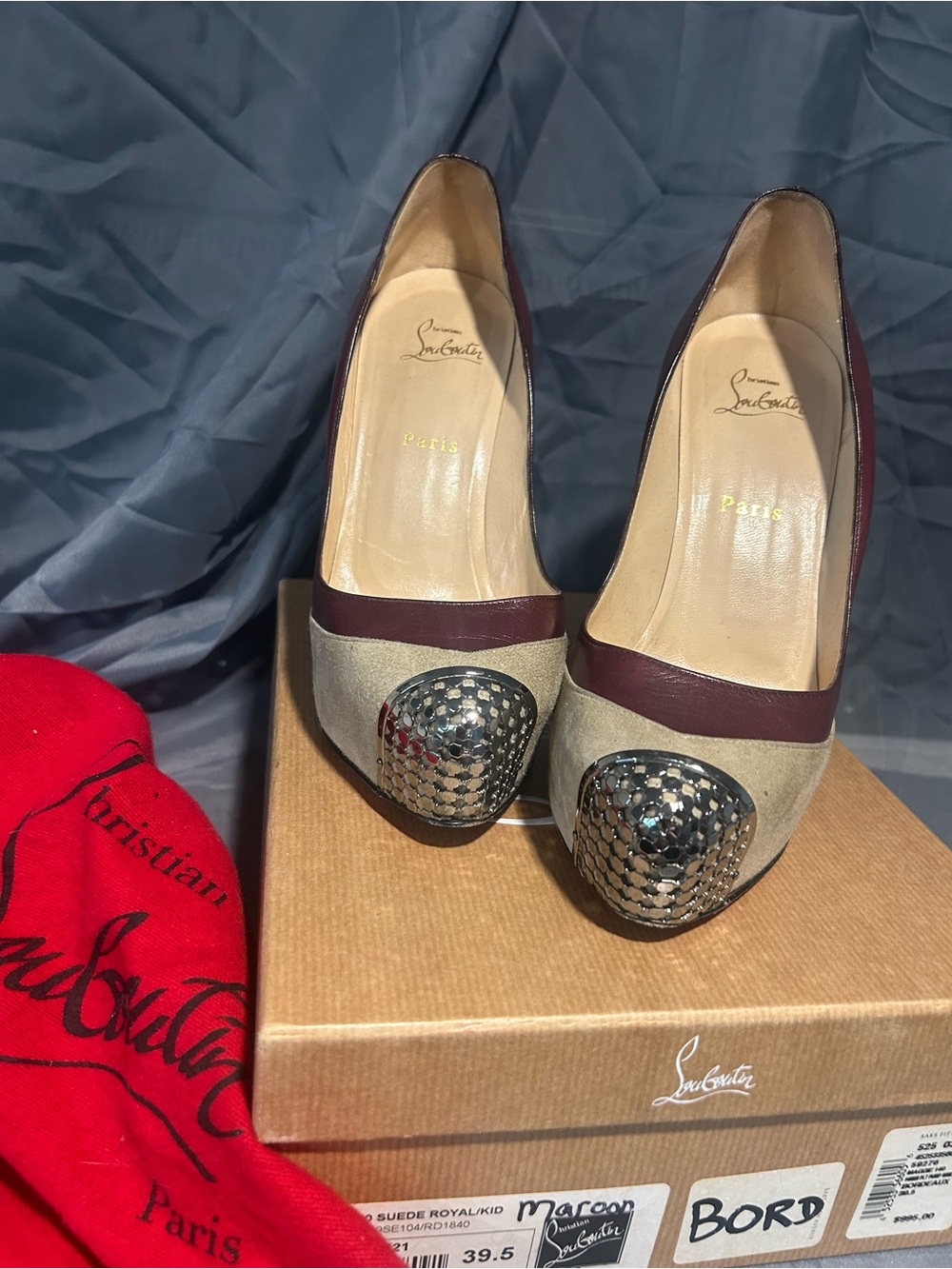Christian Louboutin Beige Pumps with Burgundy Trim and Metallic Toe Caps 39.5